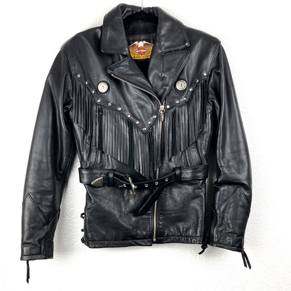 Harley Davidson Leather Jacket Fringe Belted Silver motorcycle Riding Gear Trend